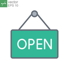 welcome open store icon. Open the door tag for market notice. store opening advertising sign. Hanging information onboard filled outline style. Vector illustration design on white background. EPS 10