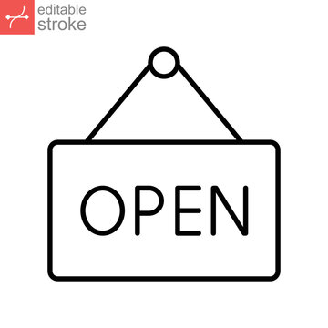 welcome open store icon. Open the door tag for market notice. store opening advertising. Hanging information onboard,  line style Editable stroke Vector illustration design on white background EPS 10 