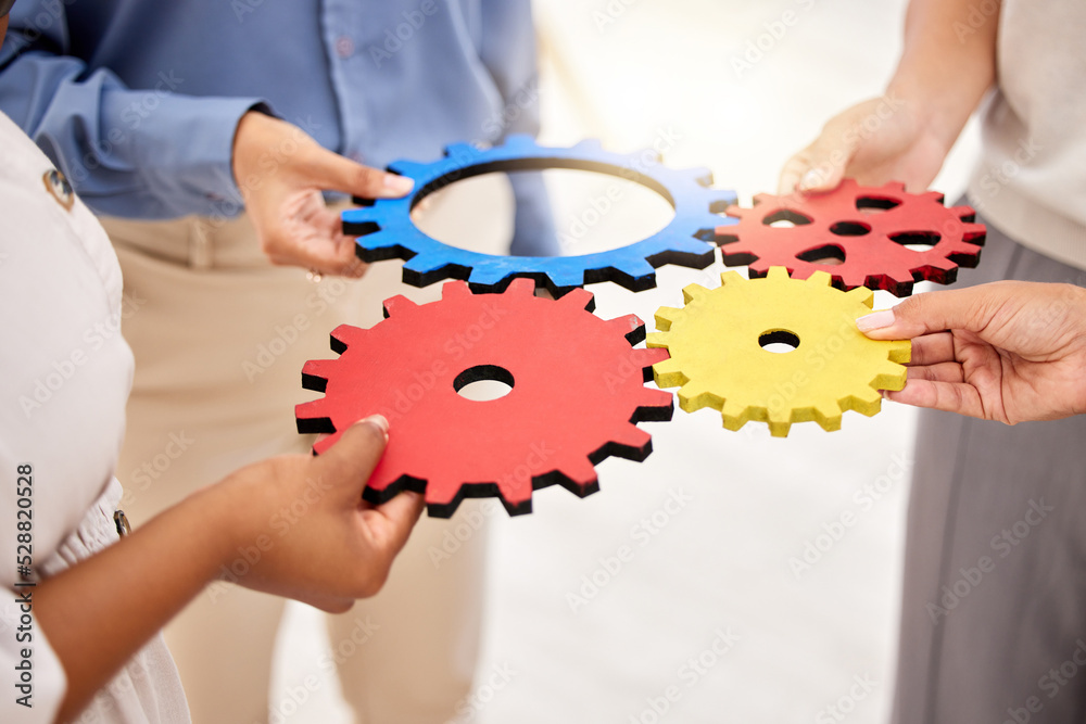 Poster Business, collaboration and gears for strategy success and team unity and support for a project. Hands of a group of corporate employees with a common goal in a partnership for innovation
