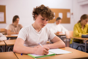 Fototapeta premium Portrait of positive teenage schoolgirl sitting on lesson in classroom
