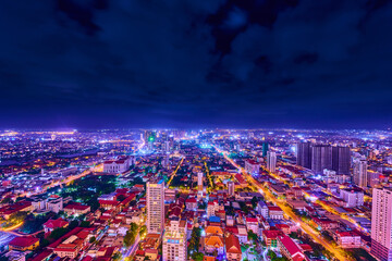 skyline at night in phnom penh city capitall of cambodia
