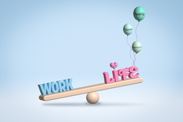 work life balance concept, life, love family community balloons lifting life above work,  3D illustration
