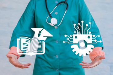 Online Education Healthcare Technology Concept. Medical nurse using virtual touchscreen holding...