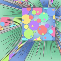Abstract illustration of colorful circles and radiating patterns and solids