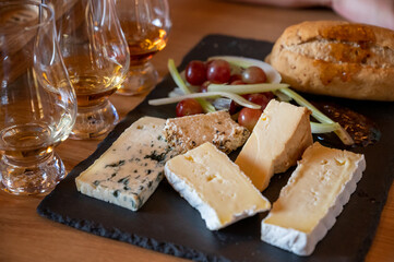Pairing of scotch whisky and farmers scottish cheeses cheddar, stilton, blue cheese, brie, tasting of whiskey and cheese in Edinburgh, UK