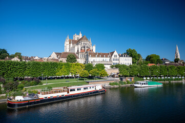 Naklejka premium Old streets and houses of Auxerre, medieval city on river Yonne, north of Burgundy, France