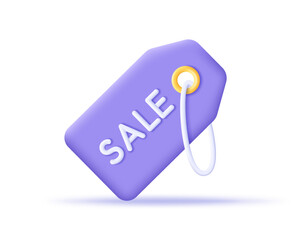 3d discount offer sale price tag icon. Render label tag on rope for discount offer, sale, promotion, online shopping and percentage concept. 3d vector cartoon minimal illustration