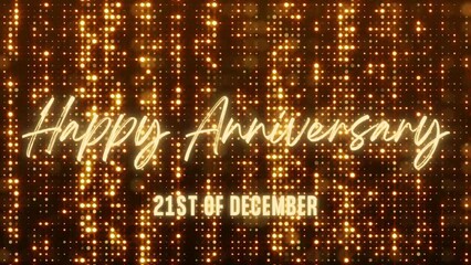 4K Animated Happy Anniversary 21st of December. Happy Anniversary Text Animation with Black and Gold Indoor Floodlights Background. Suitable for Anniversary event, party and celebration.