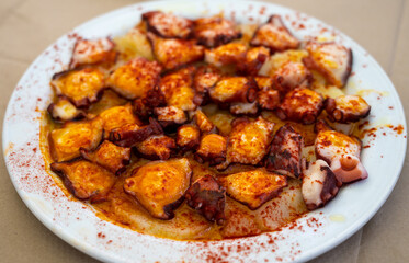 Tasty seafood, grilled octopus galician style with red pimento paprika and potatoes