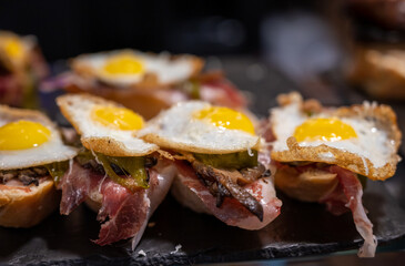 Typical snack of Basque Country and Navarre, pinchos or pinxtos served in bar, small slices of bread upon which ingredient or mixture of ingredients is placed, San Sebastian, Spain