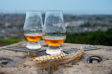 Tasting of single malt scotch whisky in glasses with view from Calton hill to new and old parts of Edinburgh city in rainy day, Scotland, UK