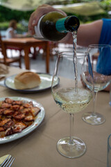 Fototapeta premium Pouring of txakoli or chacolí slightly sparkling very dry white wine produced in the Spanish Basque Country, served outdoor in cafe in Bilbao, Spain