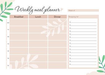 Weekly Meal Printable planner everyday Menu A4
