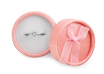 Beautiful engagement ring with gemstone in box isolated on white, top view