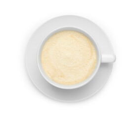 Cup of tasty coffee isolated on white, top view