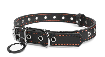 Black leather dog collar with tag isolated on white