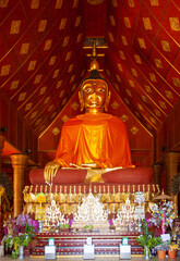 The principal Buddha statue in the temple was woven with bamboo, Wat Hiranyawas Weruwan Park, Chiengrai province, Thailand..