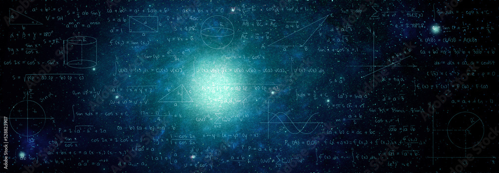 Wall mural illustration of basic physics and mathematics formulas and galaxy in universe. banner design