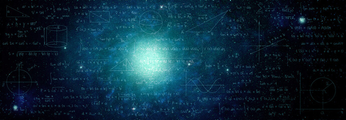 Illustration of basic physics and mathematics formulas and galaxy in universe. Banner design - obrazy, fototapety, plakaty
