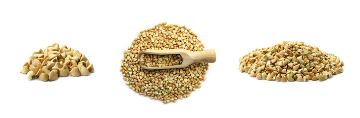 Set with green buckwheat on white background. Banner design