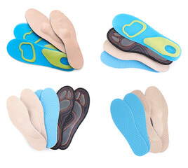 Set with different orthopedic insoles on white background, top view