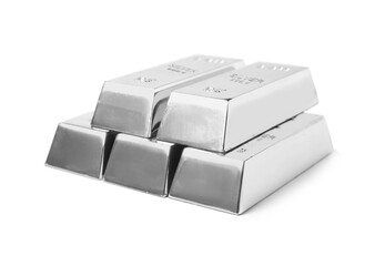 Stack of shining silver bars isolated on white