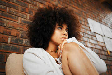 Tired, depressed and sad woman thinking of divorce, depression and anxiety stress with mental...