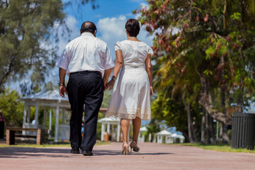 Couple of adults grandparents are walking on the park