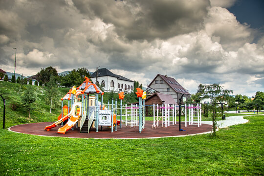 Park and City Hall, Prundu Bargaului, Romania, 2022