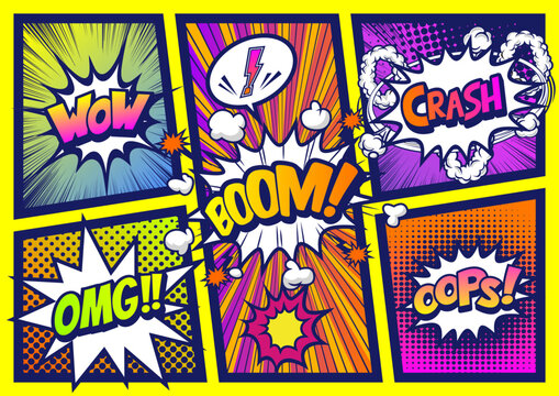 アメコミ風コマ割り素材 pop art comics book magazine, speech bubble, balloon, box message