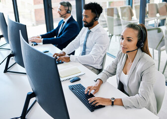 Diversity, call center and customer support team or people with telemarketing, contact us and...