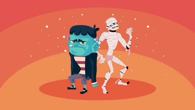 halloween animation with frankenstein and mummy