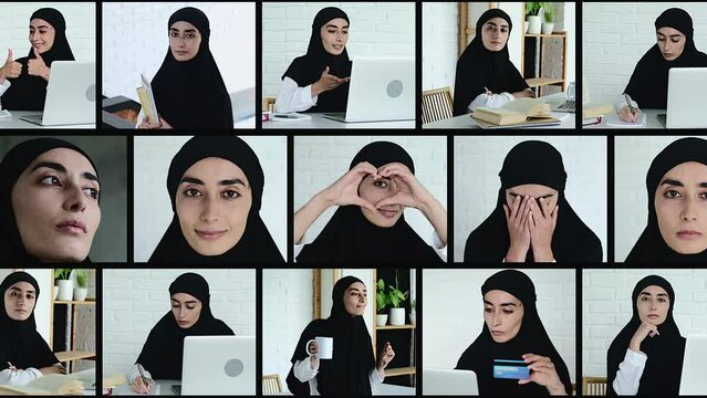 Multi-screen with a Muslim model with different emotions and activities. Rights and freedoms of women. Portrait of a Muslim woman in a black hijab smiling sweetly and looking at the camera.