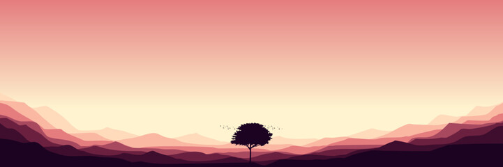 sunset mountain with tree silhouette landscape vector illustration good for wallpaper, background, banner, backdrop, web, adventure, travel, and design template