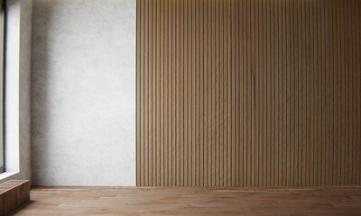 Empty room with concrete cement wall and wood panels wall background. Architecture and interior concept. 3D illustration rendering