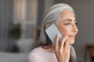 Smiling caucasian mature gray-haired lady talking by phone in room interior, profile, close up