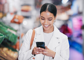 Supermarket, phone or woman with smile in food store doing research, ecommerce or online shopping...