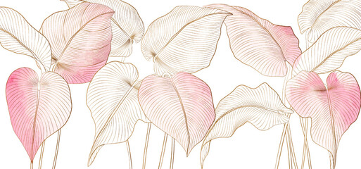 Botanical abstract art background with pink colored tropical leaves in gold line. Exotic plants in a watercolor style for wallpaper, decor, print, interior design, packaging. © VectorART
