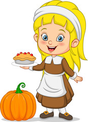 Cute little pilgrim girl cartoon holding pumpkin pie