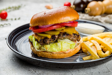 Burger with beef meat patty, pickled cucumbers,fresh tomatoes and red onion with sauce and french fries macro close up