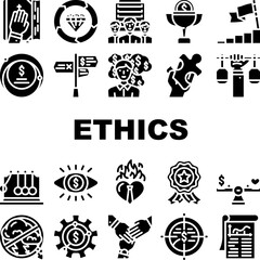 business corporate ethics company icons set vector. integrity trust, honesty value, moral ethics, social culture, responsibility core business corporate ethics company glyph pictogram Illustrations