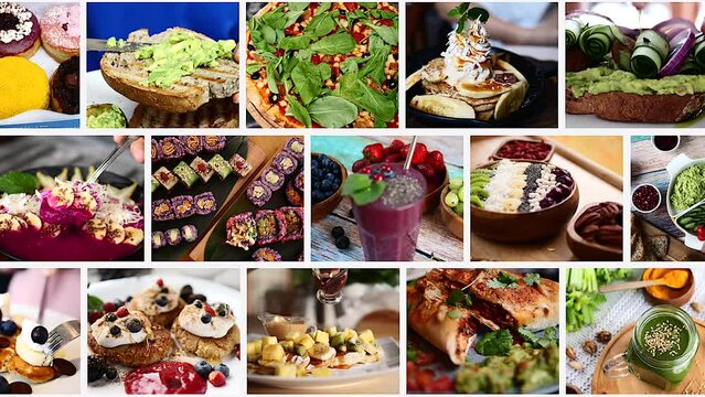 A collage of various vegetarian dishes and products, beetroot smoothie, pancakes with berries, toast with avocado paste and other delicious and unusual dishes.