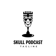 Retro Microphone Skull Head Podcast Logo Template
