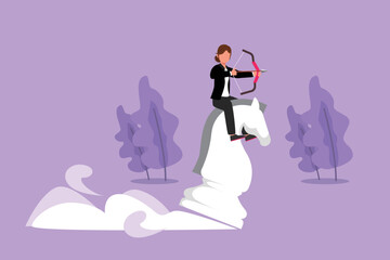 Character flat drawing of beauty attractive businesswoman holding archery aiming target while riding chess knight piece, strategic concept. Success business manager. Cartoon design vector illustration