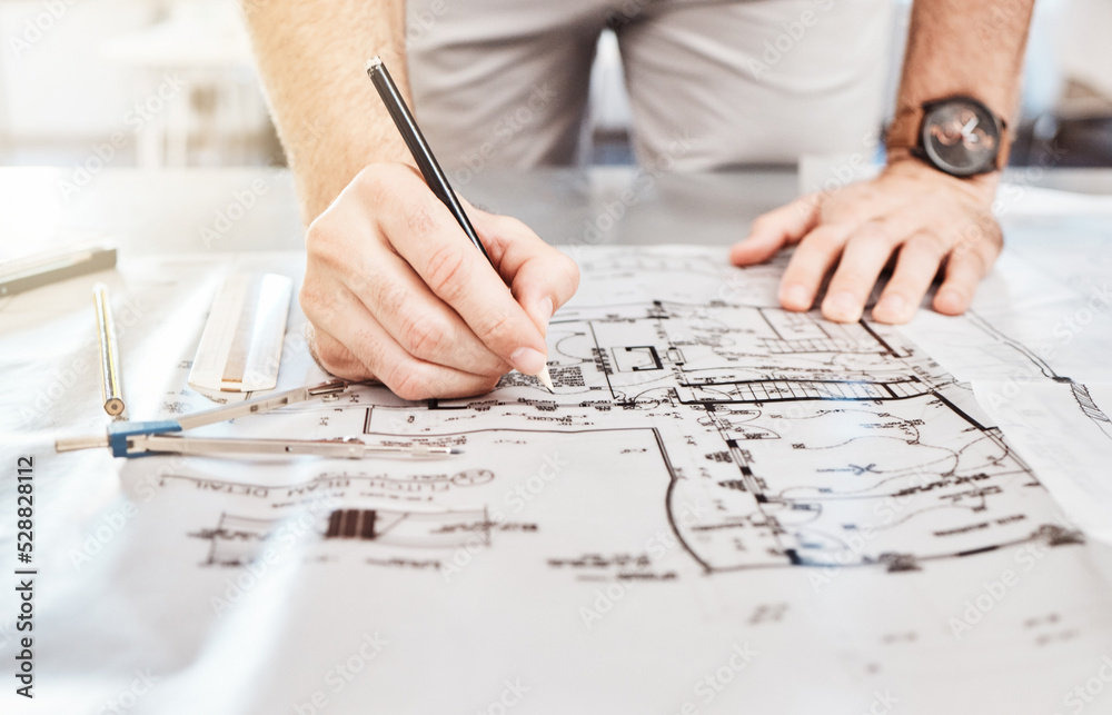 Poster Drawing construction on blueprint, planning architecture design on paper and writing notes on building documents on table in work office. Designer, architect and builder with strategy for renovation