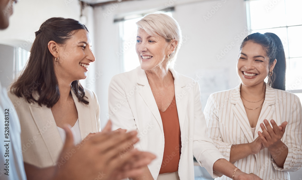 Poster Team success, collaboration and teamwork of a office work group celebration of project completion. Diversity of professional business woman with a happy smile about staff support clapping together