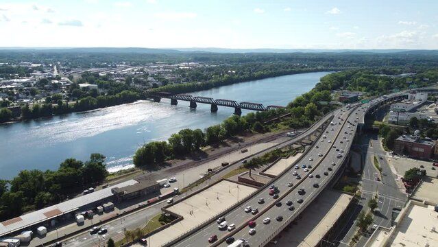 Aerial Drone View Highway Traffic Downtown Springfield, MA