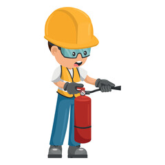 Industrial worker using a fire extinguisher with his personal protective equipment. Industrial safety and occupational health at work