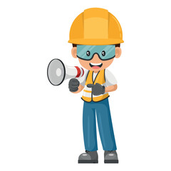 Industrial construction worker making an announcement with a megaphone. Site supervisor engineer with personal protective equipment. Industrial safety and occupational health at work