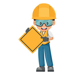 Construction industrial worker with a warning sign with copy space for text. Industrial safety and occupational health at work
